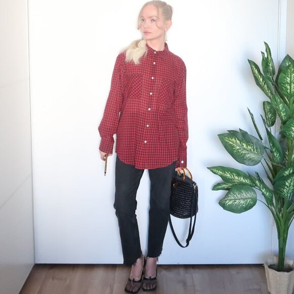 Theory Plaid Red & Black Long Sleeve Button Down Collared Cotton Shirt Top M - Picture 1 of 13